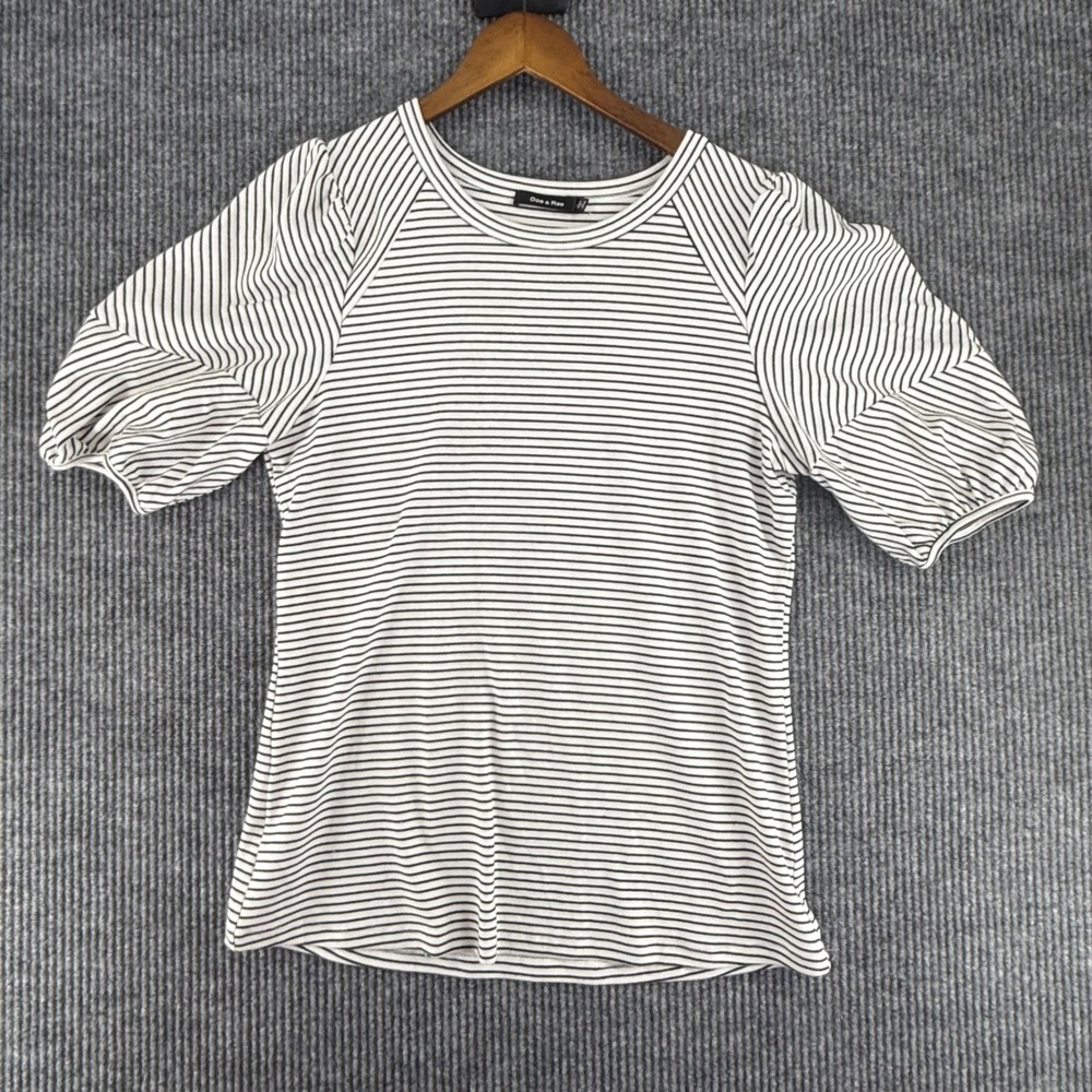 Doe & Rae Top Womens Large White Black Excellent Striped Puff Sleeve Crewneck